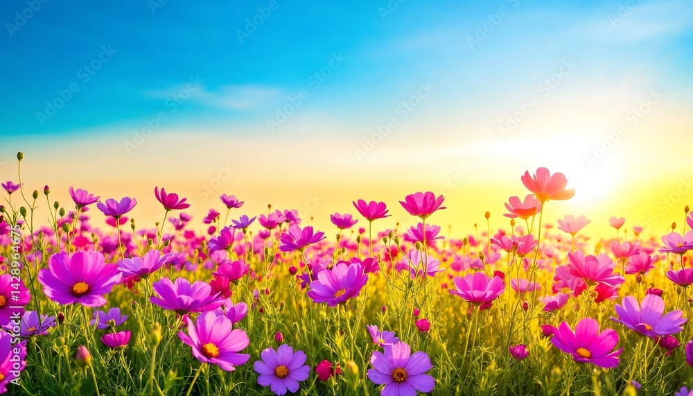 Obraz premium Blooming Cosmos Field at Sunrise with Bright Sky and Warm Glow