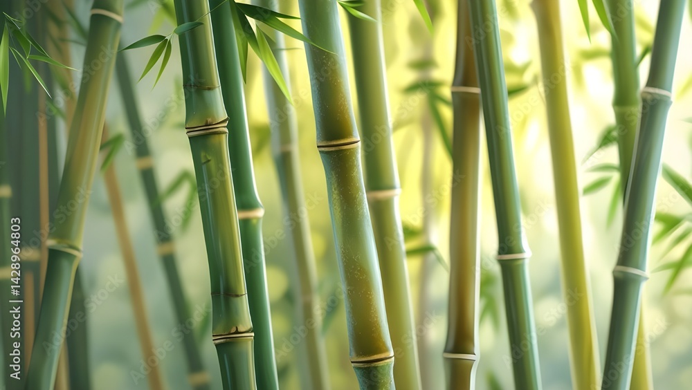 Fototapeta premium Lush Green Bamboo Forest with Sunlight Filtering Through Leaves