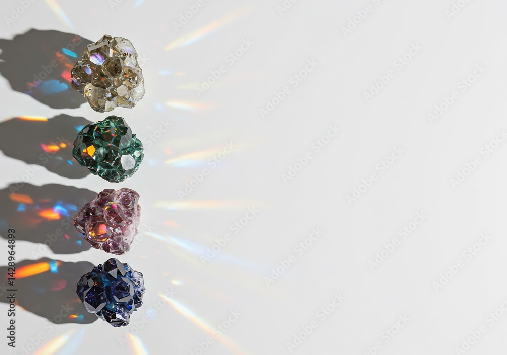 Naklejka premium 虹色光彩輝く宝石群 上品な白背景