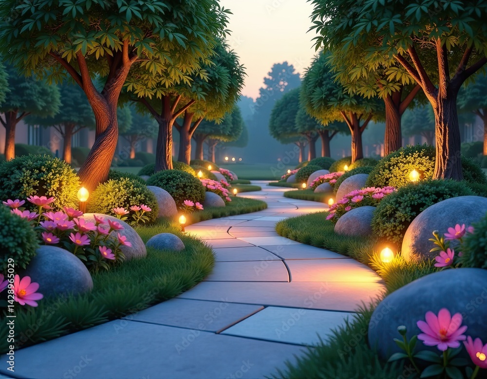 Serene Garden Path with Flowers and Lights