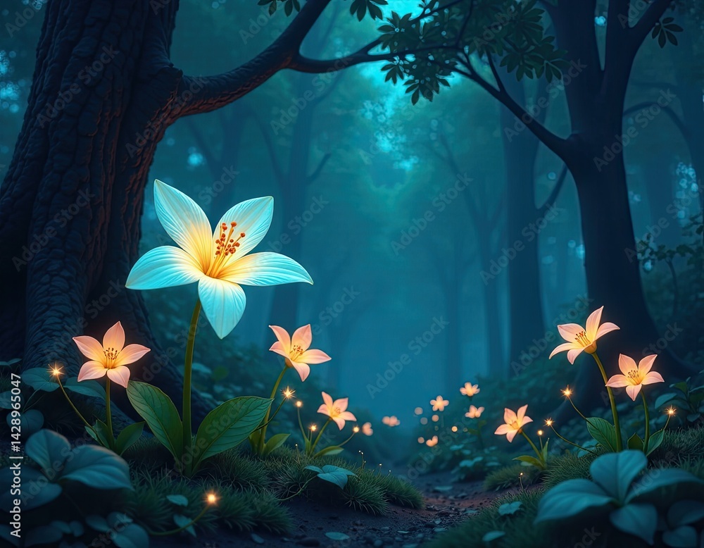 Enchanting Glowing Flowers in a Mystical Forest Path