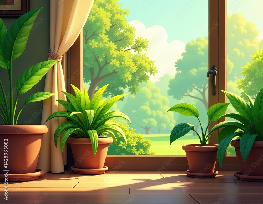 Sunny Window Sill with Houseplants and Lush Green Garden View