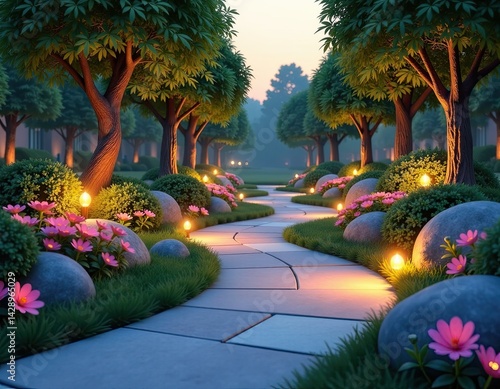 Obraz na płótnie Serene Garden Path with Flowers and Lights w salonie