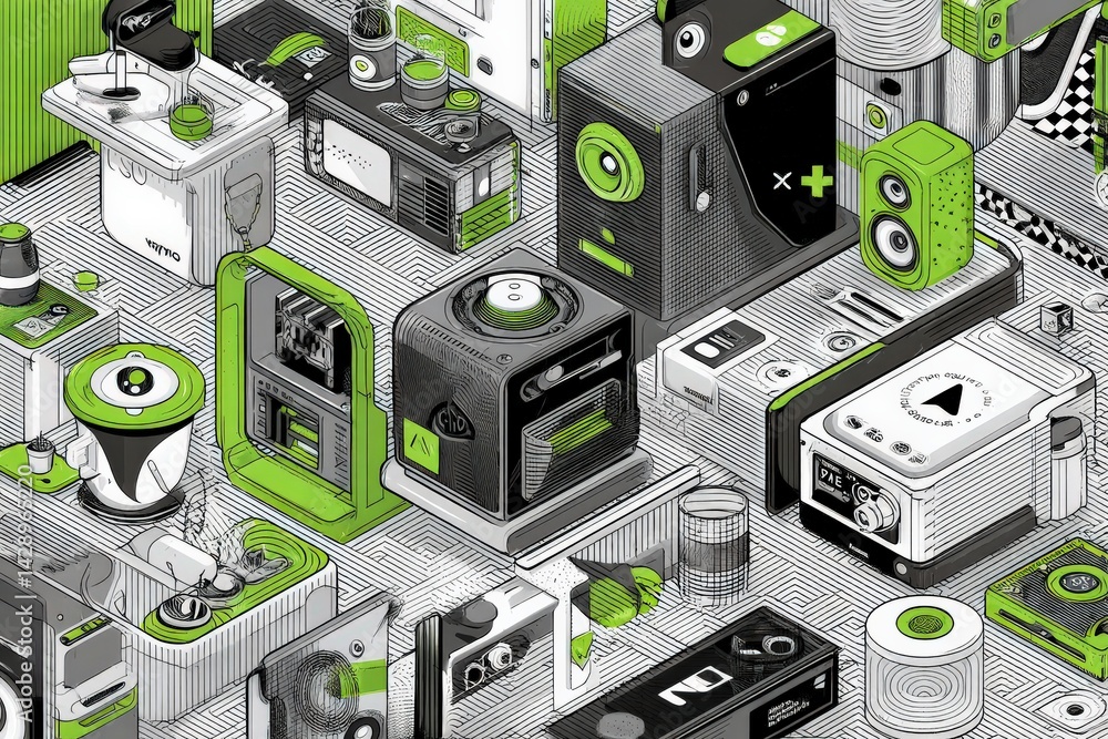 Obraz premium Colorful Illustration of Retro Electronics in a Vibrant Setting