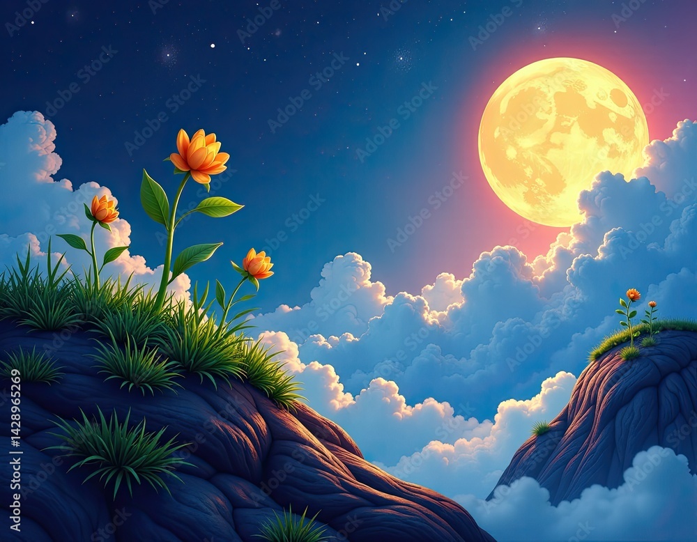 Dreamy Landscape with Flowers and Moon