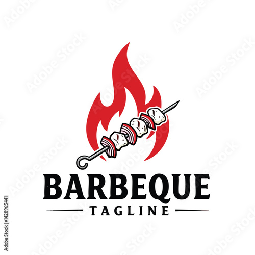Barbeque Logo – Grilled Meat Skewer with Flame Illustration