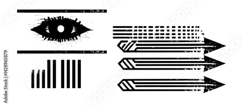 Creative abstract design featuring geometric shapes and an eye motif in black and white emphasizing movement and perception