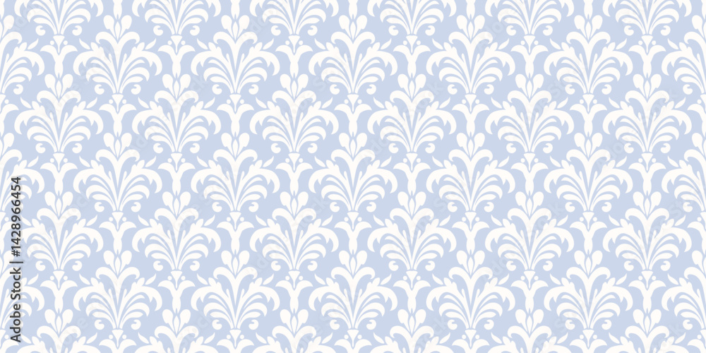 Fototapeta premium Blue and white damask seamless pattern. Luxury vector background in baroque, rococo, renaissance, revival style. Subtle abstract ornament with curly floral elements, leaves, feathers. Repeated design