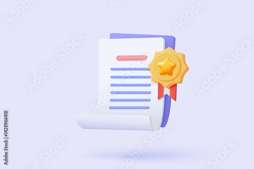 3d certificate or diploma icon with stamp and ribbon bow isolated background. White clipboard task management todo check list, work on project plan concept. 3d vector render on white background