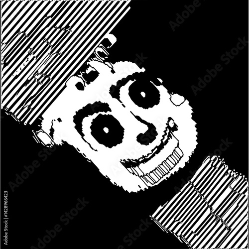 Creative illustration of a smiling character emerging from a dark background in a unique striped design