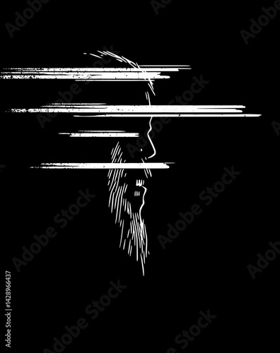 Digital art piece representing fragmented identity and perception through the silhouette of a bearded man amidst abstract lines at night