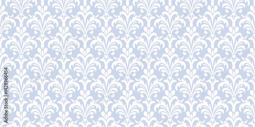 Blue and white damask seamless pattern. Luxury vector background in baroque, rococo, renaissance, revival style. Subtle abstract ornament with curly floral elements, leaves, feathers. Repeated design