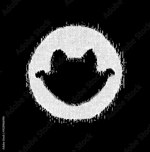 Mysterious smiling face emerging from a digital realm of black and white pixels at twilight