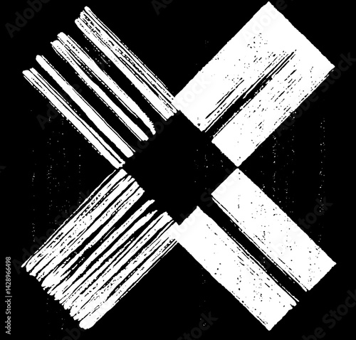 Creative black and white artwork featuring bold brush strokes intersecting in a striking geometric pattern on a dark background