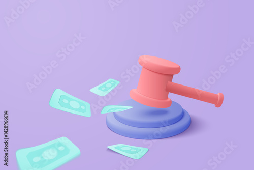 3D judge hammer minimal gavel concept of law icon on paper clipboard background. Professional lawyer, punishment, judgement, law advisor, advocate. Judge arbitrate courthouse concept 3d vector render