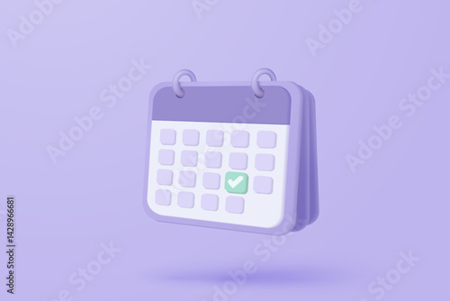 3d calendar marked date for important day in purple background. Calendar with mark for schedule appointment, event day, holiday planning concept 3d vector render isolated pastel background