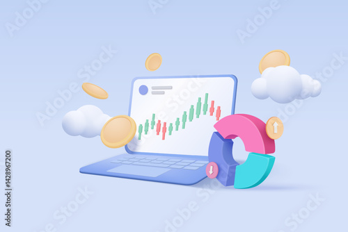 3D online trading with laptop on blue sky cloud background. Notebook using funding business graph on computer with money coin concept. 3d vector trading for business investment render illustration