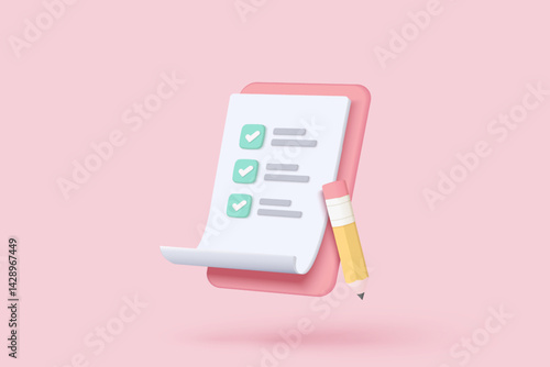 3d white clipboard task management todo check list with pencil, efficient work on project plan, fast progress, level up concept, assignment and exam checklist icon. 3d vector render on pink background