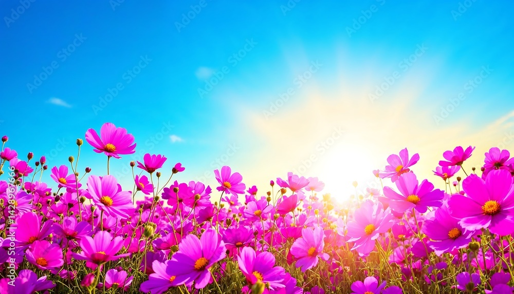 Obraz premium Blooming Pink Cosmos Flowers Under a Bright Summer Sun in Meadow