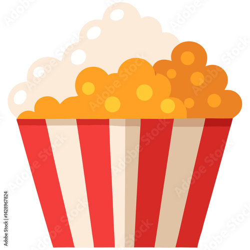 Cartoon illustration of striped red and white popcorn bucket filled with buttered popcorn
