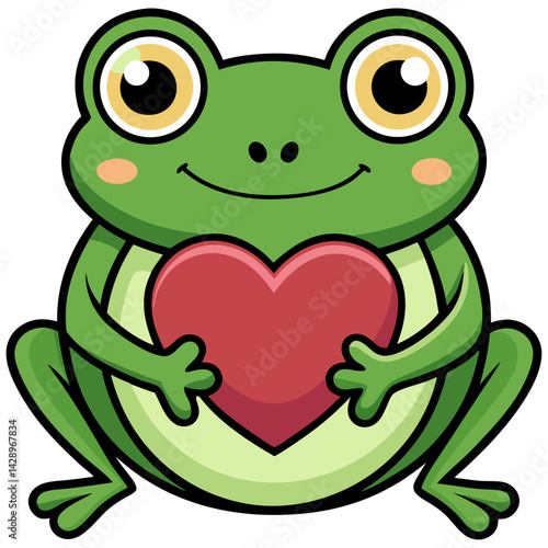 Cartoon frog character holding a red heart, combining love and nature themes in a whimsical, kid-friendly illustration