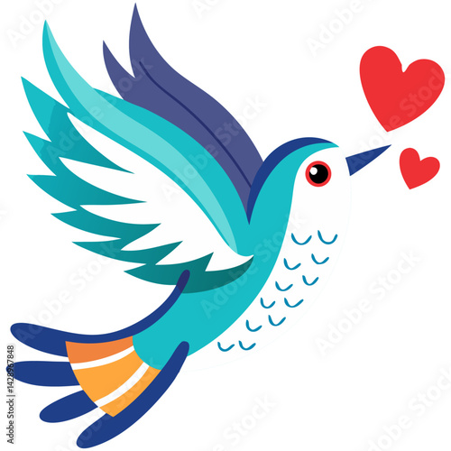 Colorful lovebird flying with hearts
