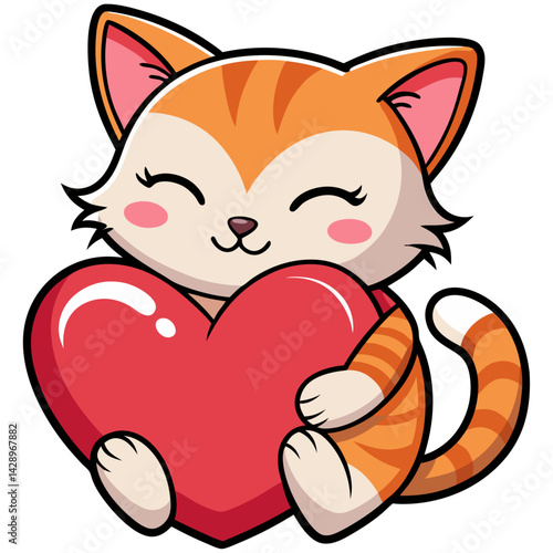 Happy orange cat cuddling a heart
