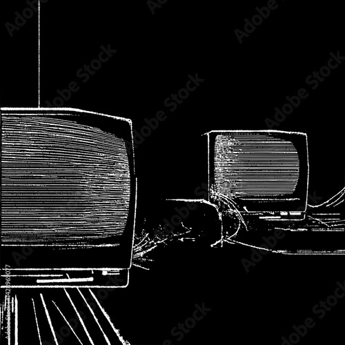 Retro illustrative portrayal of vintage computer screens in a dimly lit workspace, capturing the essence of early digital technology