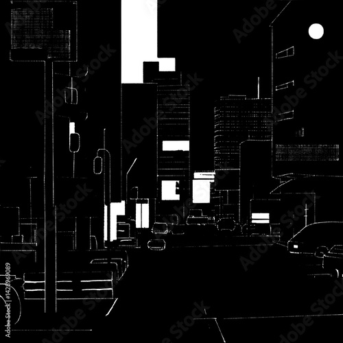 City nightlife unfolds in stark black and white as shadows dance among towering buildings and glowing signs under the moonlight