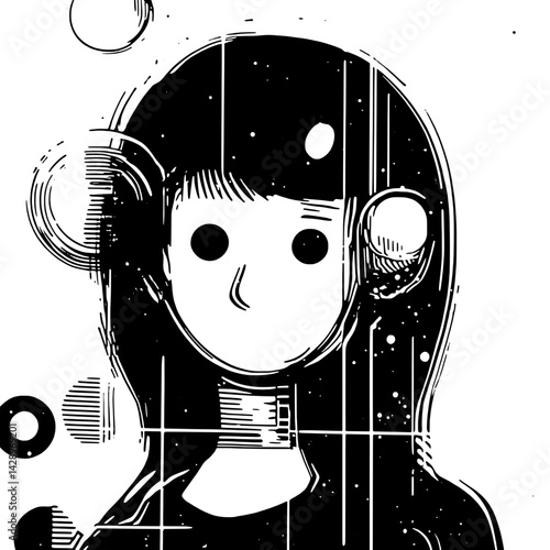 Intriguing black and white portrait of a person with abstract elements in a cosmic space setting at dusk
