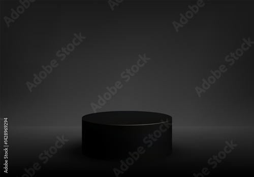 Black empty round podium. Black round podium on dark background, advertising display of goods.