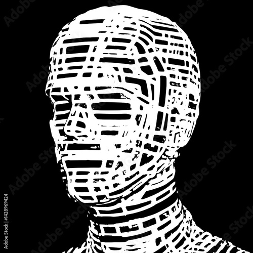 Intricate lines create a unique abstract representation of a human form in a dark artistic environment