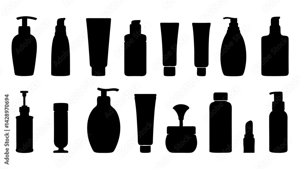 set of Cosmetic product bottle silhouette vector on white background set of Cosmetic product bottle silhouette vector on white background