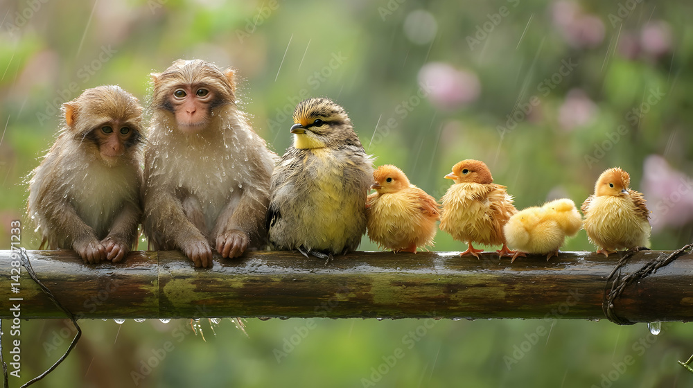 Naklejka premium monkey and chicken are sitting on a tree trunk