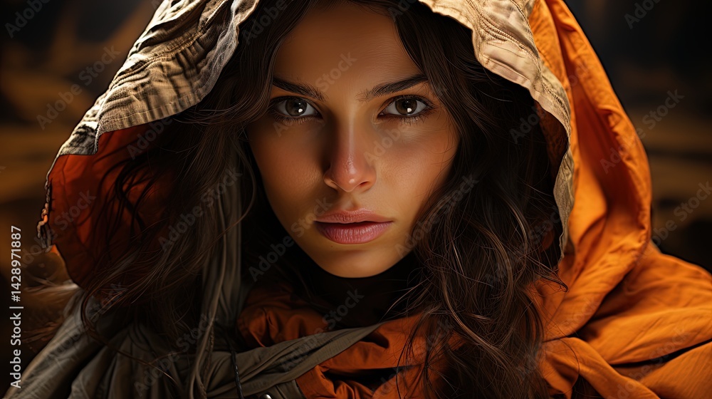 Woman wearing orange hood showing confidence and strength