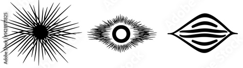 Dynamic abstract shapes radiating energy in a minimalist black and white design