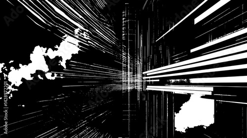 Dynamic movement through abstract lines depicting a futuristic cityscape at twilight