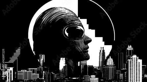 Futuristic city skyline features a surreal human silhouette against a stark black and white backdrop at twilight