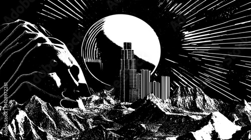 Mysterious landscape with towering city amidst majestic mountains and surreal celestial body