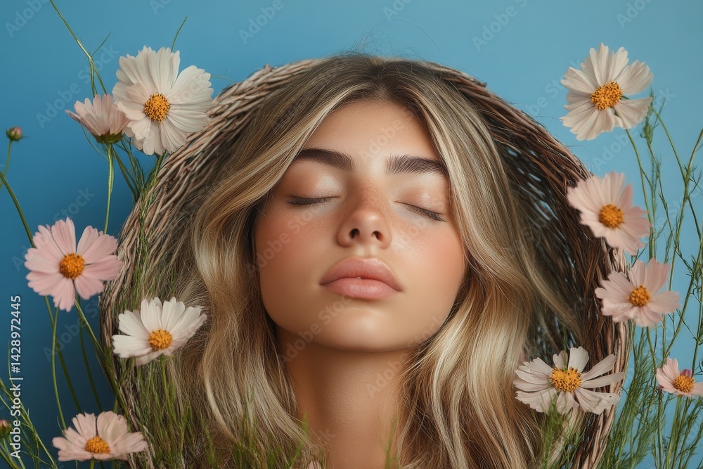 Stock created artwork featuring a woman's body in a flat lay surrounded by a floral composition, showcasing a perfect, ideal, and pure silky face cosmetology concept Stock created artwork featuring a woman's body in a flat lay surrounded by a floral composition, showcasing a perfect, ideal, and pure silky face cosmetology concept