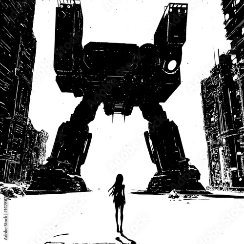 Gigantic mechanized figure looms over lone figure in a desolate urban landscape at dusk, creating an eerie atmosphere of solitude and tension