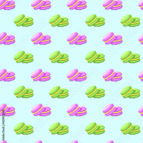 Seamless pattern of green and pink macaroons cookies in pixel style on blue background