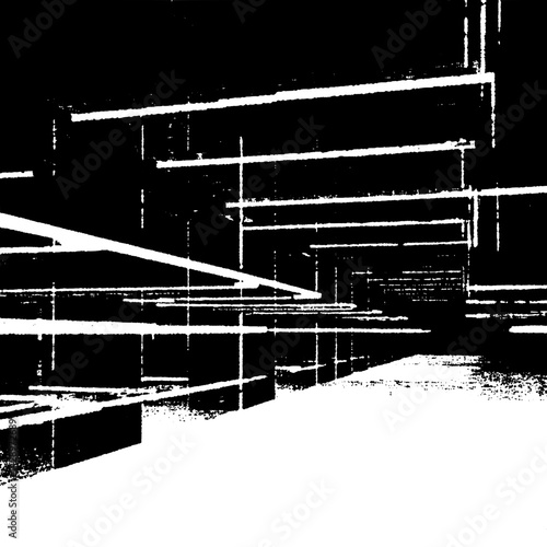 Abstract perspective of a geometric structure creating a sense of depth and intrigue in a monochromatic space