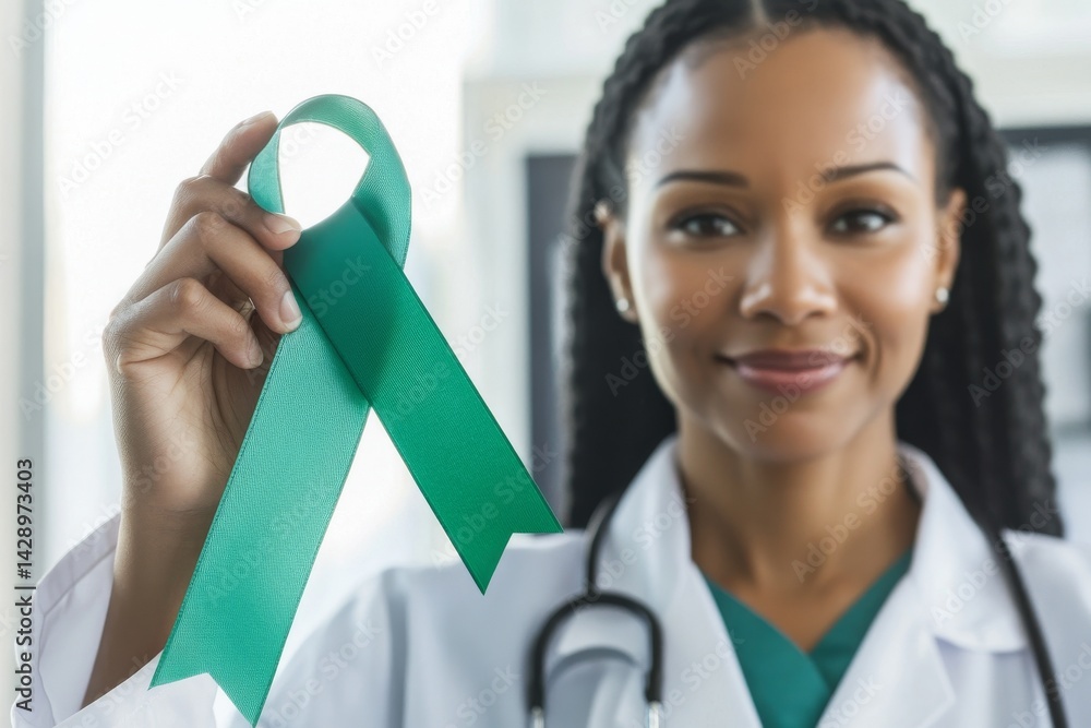A beautiful black doctor, a woman, is pointing with her hand and finger while smiling and holding a green ribbon to support awareness of mental health