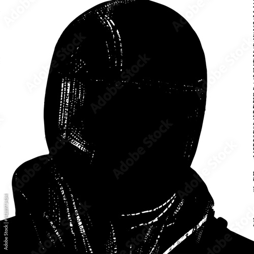 Mystery figure cloaked in darkness stands against a stark white background, evoking intrigue and suspense in a surreal setting