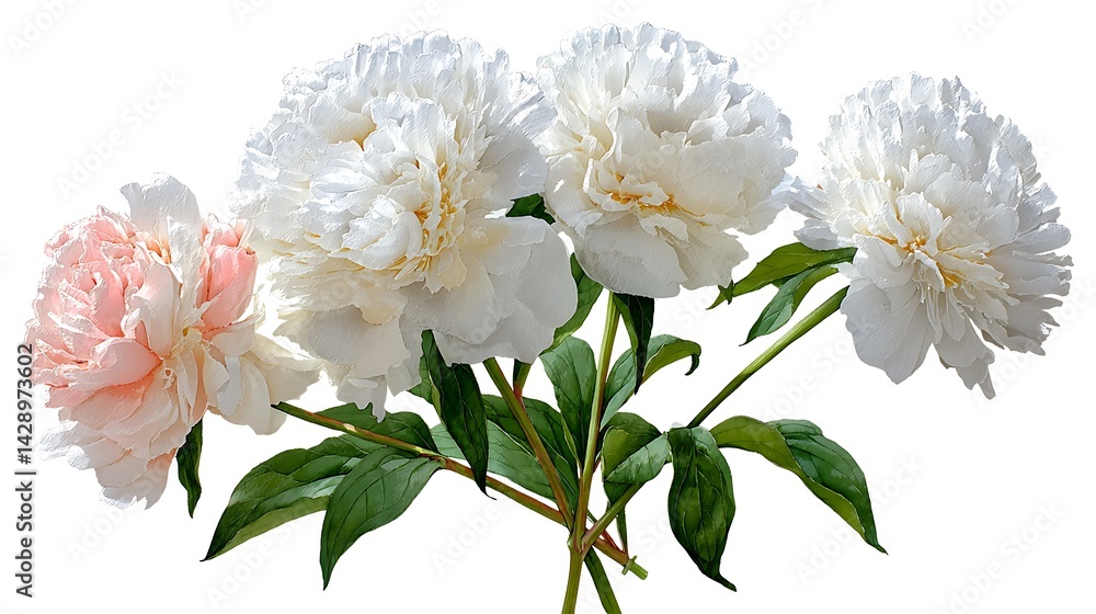 Obraz premium A cluster of five peonies, one pink and four white, with lush green foliage