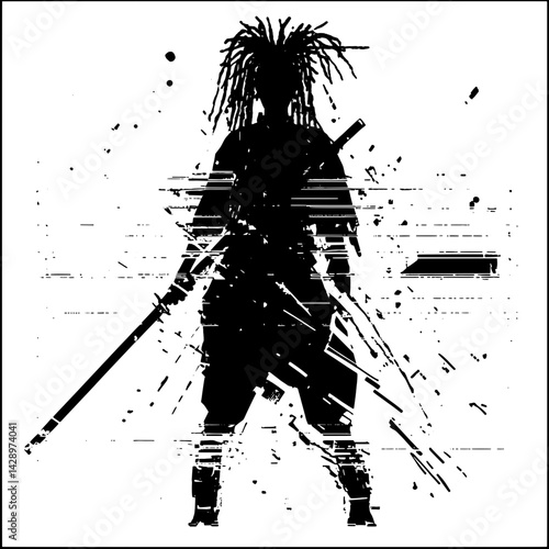 Dynamic warrior silhouette exudes strength and resilience in a moment of poised action amidst a dramatic backdrop