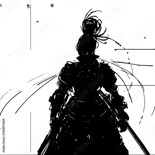 Mysterious warrior stands poised in a dramatic silhouette against a stark backdrop, ready for a timeless battle at dusk