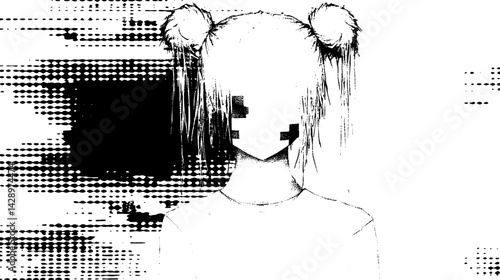 Ethereal figure shrouded in darkness with a haunting hairstyle and abstract surroundings reflecting a world of surreal emotions
