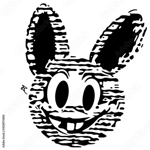 Playful rabbit character designed with bold lines and whimsical patterns in black and white, inviting joy and nostalgia